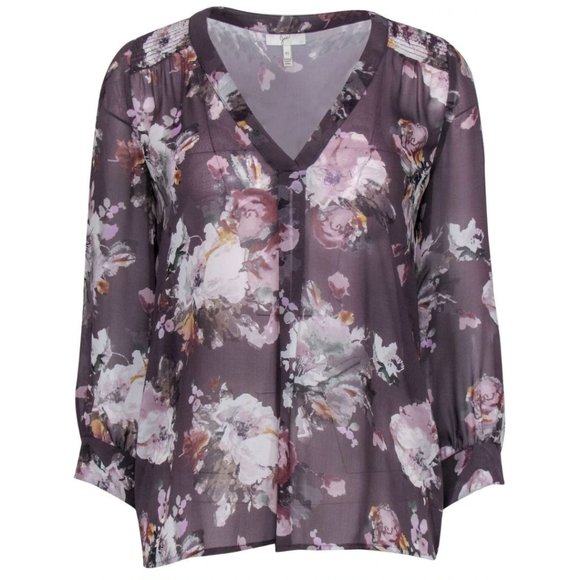 Joie Sheer Silk Blouse Long Sleeve Top Floral Purple Size Small Women V-Neck - Picture 5 of 8